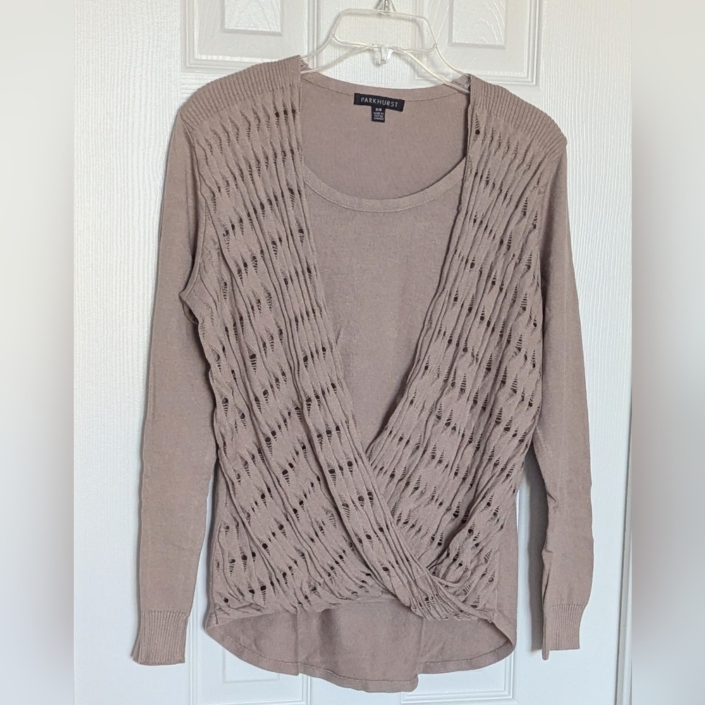Parkhurst Women's (Size M) Tan Sweater with Faux-Shawl Accent & Rounded Back Hem
